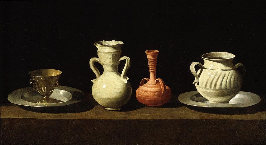 Still Life, 1650, Spanish School, Oil on canvas, 46 cm x 84 cm, P02803. Painting by Francisco de Zurbaran -c 1598-1664- Still Life, 1650, Spanish School, Oil on canvas, 46 cm x 84 cm, P02803. Painting by Francisco de Zurbaran -c 1598-1664-