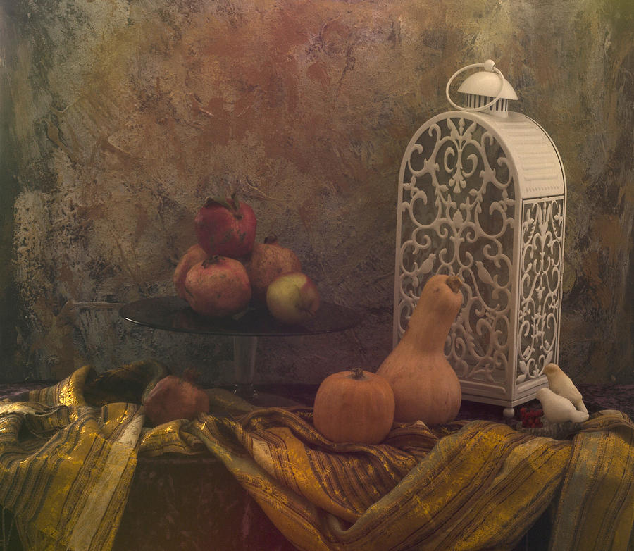 Still Life A Lamp And Pumpkins Photograph by Ustinagreen