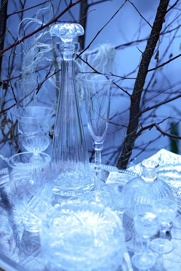 Still-life Arrangement Of Antique Crystal Vessels Outdoors In Wintery Atmosphere Photograph by Michal Mrowiec