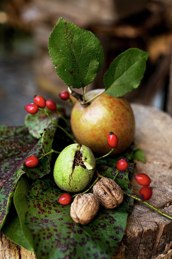 Still-life Arrangement Of Autumn Fruits And Walnuts On Old Chopping Block Photograph by Sabine Lscher