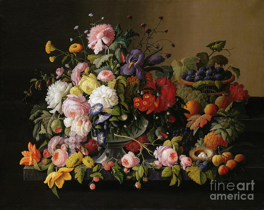 Still Life Flowers And Fruit Drawing by Heritage Images
