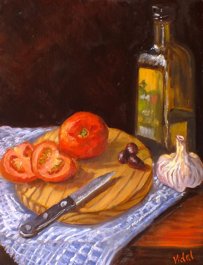 Impressionism Painting - Still life - Healthy ingredients tomatoes, olive oil, olives, garlic by Christopher Vidal