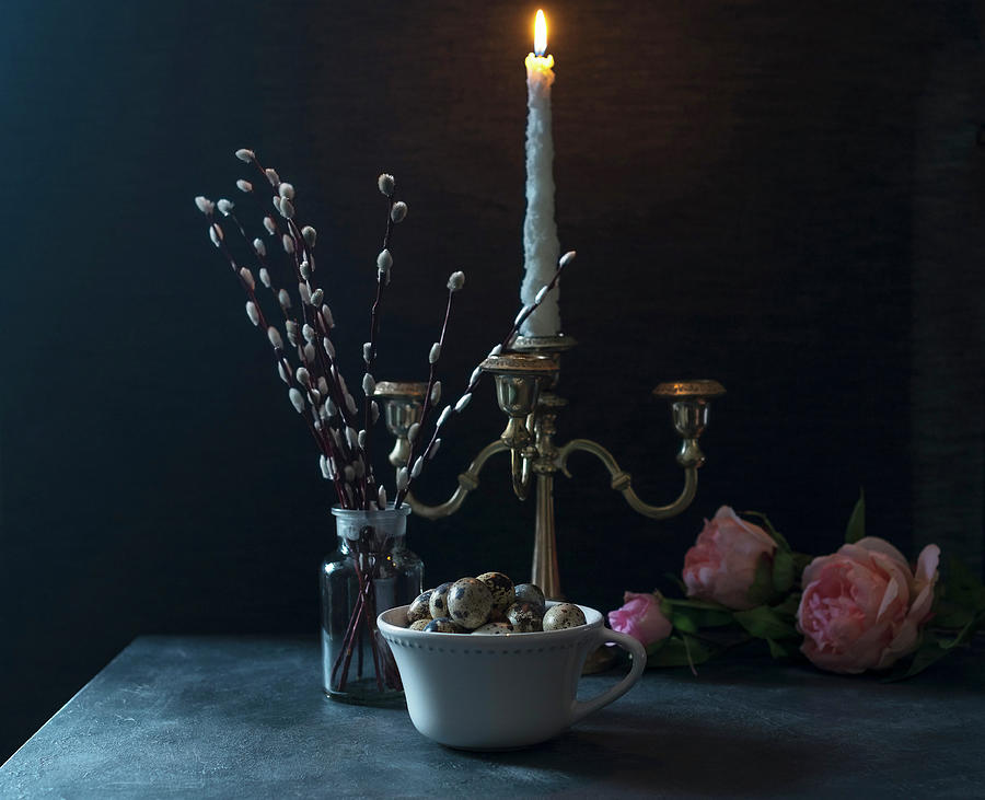 Still Life Of A Bowl Of Quail Eggs, A Burning Candle, Willow Branches And Flowers, Retro Styled Photograph by Albina Bougartchev