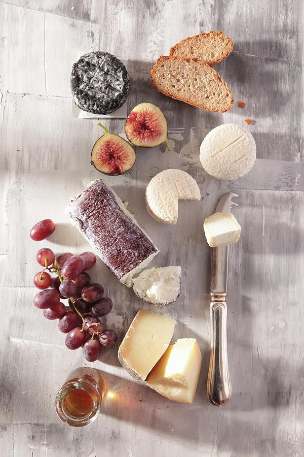 Still Life Of Cheese With Grapes, Figs, Honey And Bread Photograph by Reculez, Francine