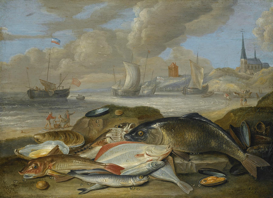  Still Life of Fish in a Harbor Landscape, Possibly an Allegory of the Element of Water Painting by Jan van Kessel the Elder