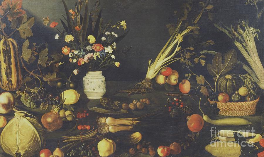 Still Life Of Flowers Fruit And Vegetables C1594 Painting By