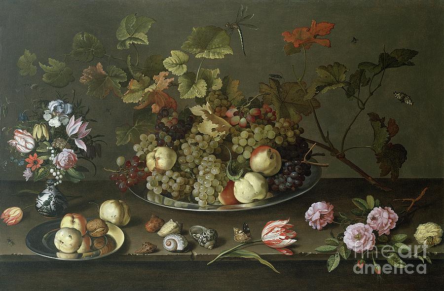 still life with flowers fruit and shells