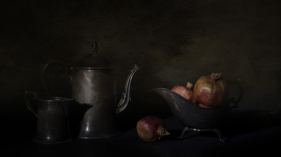 Still Life Photograph - Still Life Of Persimmon And Brass Tea Set by John-mei Zhong