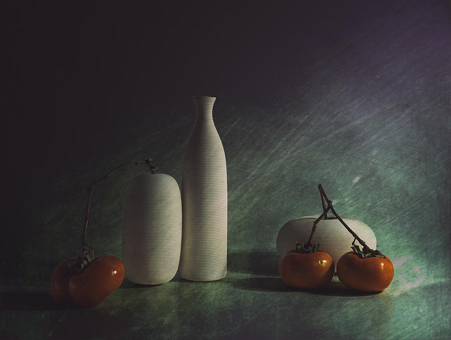 Still Life Photograph - Still Life Of Persimmon And White Pottery Vases by John-mei Zhong