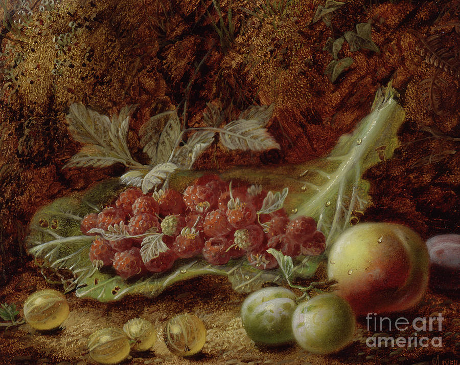 Still life of raspberries, gooseberries, peach and plums on a mossy bank Painting by Oliver Clare