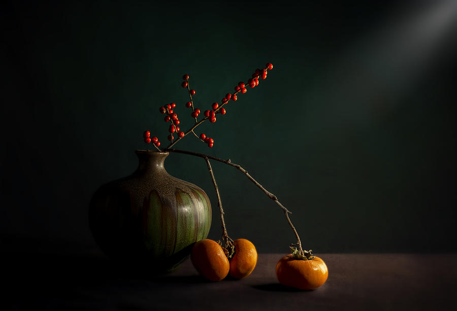 Still Life Photograph - Still Life Of Red Berries In Green Vase by John-mei Zhong