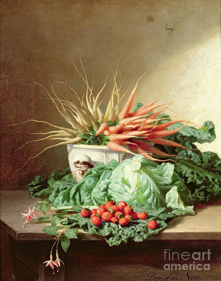Still Life Of Strawberries, Carrots And Cabbage Painting by David Emil Joseph De Noter