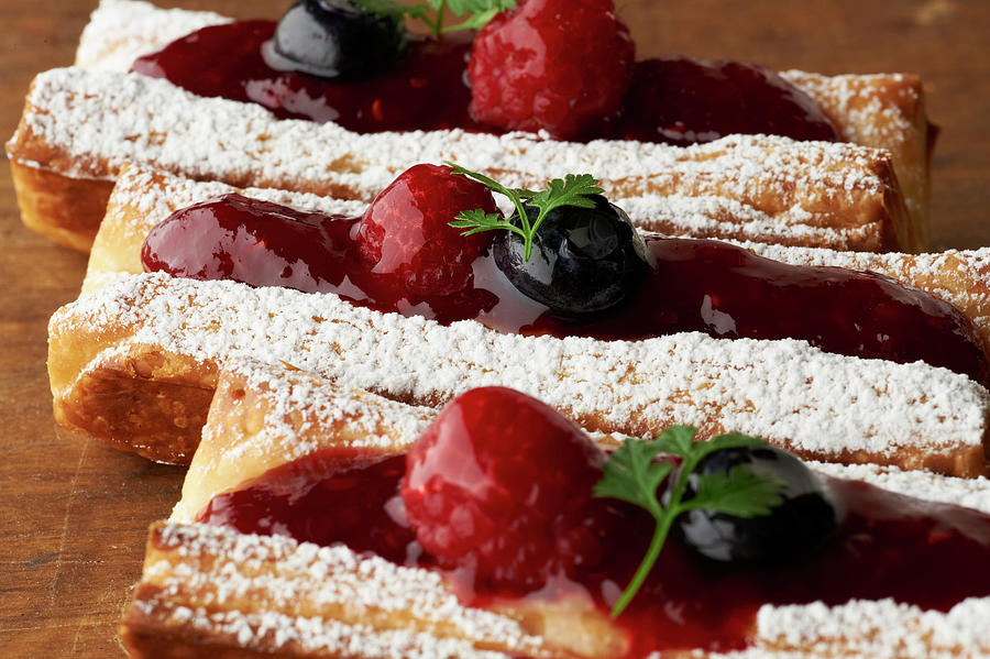 Still Life Of Three Cakes With Fruit And Icing Sugar Topping Digital ...