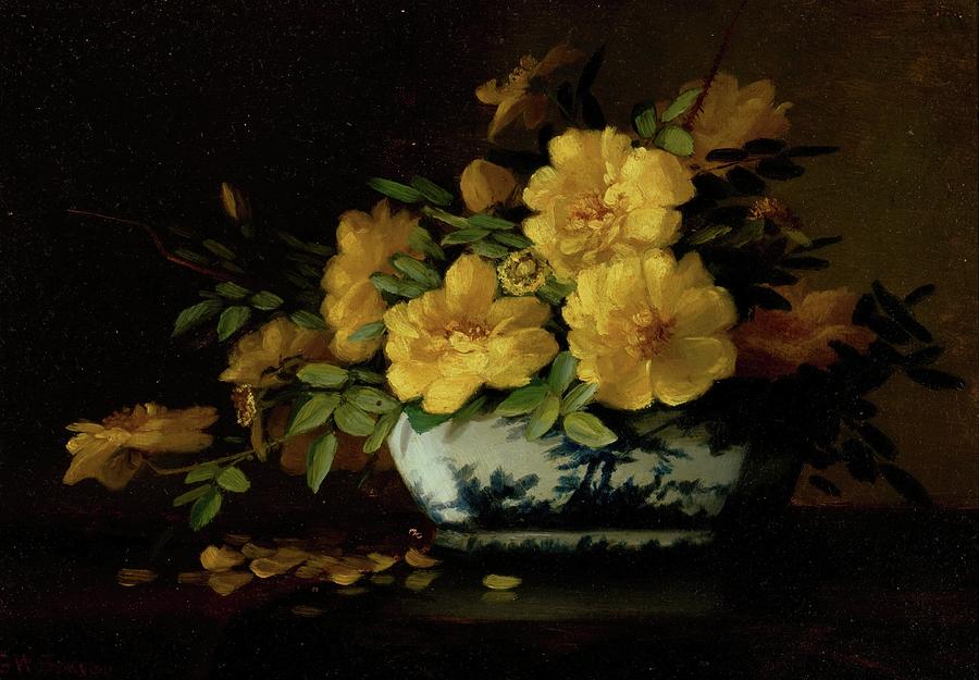 Still Life Painting - Still Life Of Yellow Roses In An Oriental Vase by George W. Seavey