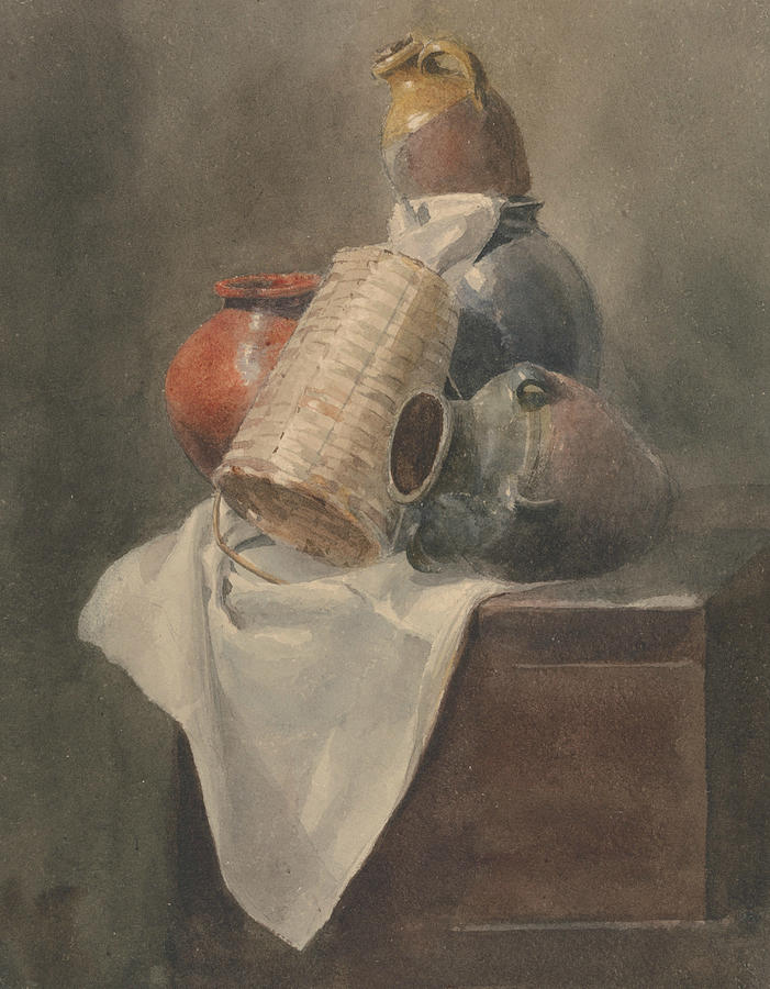 Still Life - Pots, Basket and Cloth on a Chest Drawing by Peter De Wint