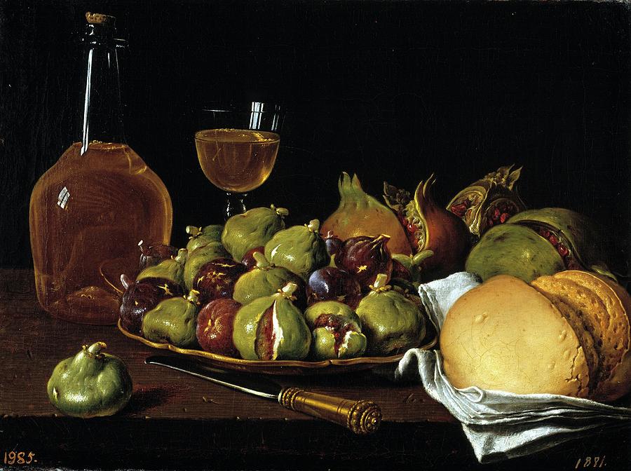 Still Life Showing Plate of Figs, Pomegranates, Bread and Wine, 1770, Sp... Painting by Luis Melendez -1716-1780-