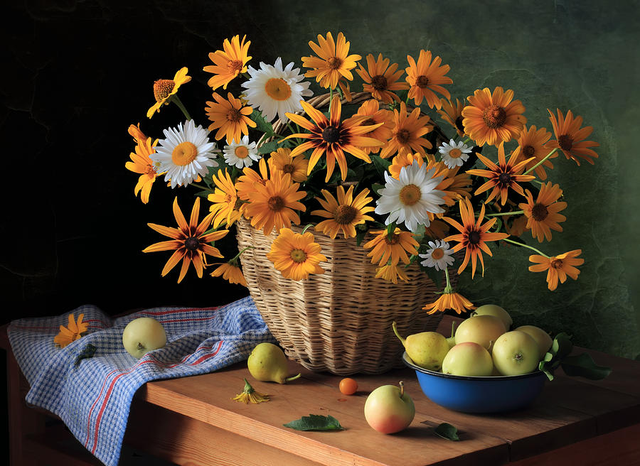 Flower Photograph - Still Life With A Basket Of Summer Flowers And Apples by Tatyana Skorokhod (??????? ????????)