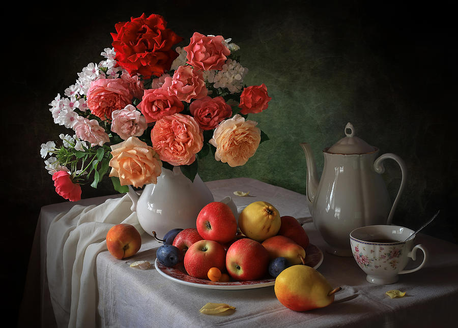 Still Life With A Bouquet And Fruits Photograph by Tatyana Skorokhod (??????? ????????)