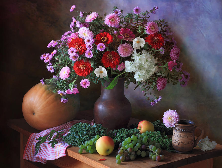 Still Life With A Bouquet And Grapes Photograph by Tatyana Skorokhod