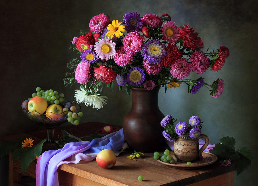 Still Life With A Bouquet Of Asters And Fruits Photograph by Tatyana Skorokhod (??????? ????????)