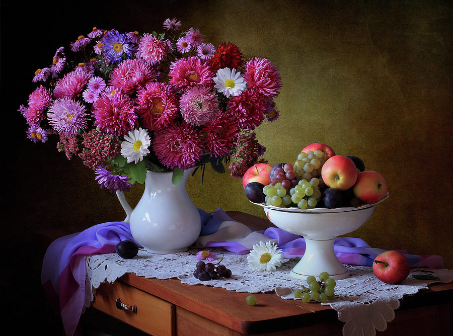 Fruit Photograph - Still Life With A Bouquet Of Asters And Fruits by Tatyana Skorokhod (???????