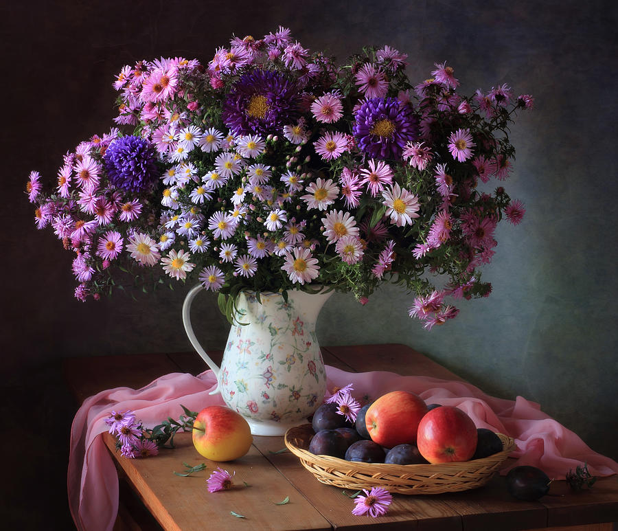 Flower Photograph - Still Life With A Bouquet Of Chrysanthemums And Fruits by Tatyana Skorokhod (??????? ????????)