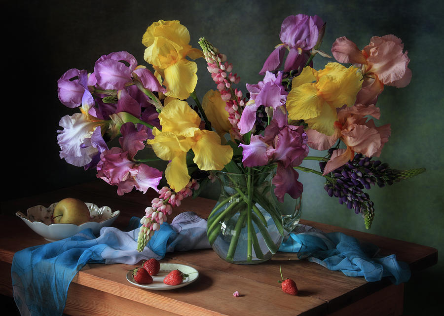 Still Life With A Bouquet Of Irises And Lupine Photograph by Tatyana Skorokhod (??????? ????????)