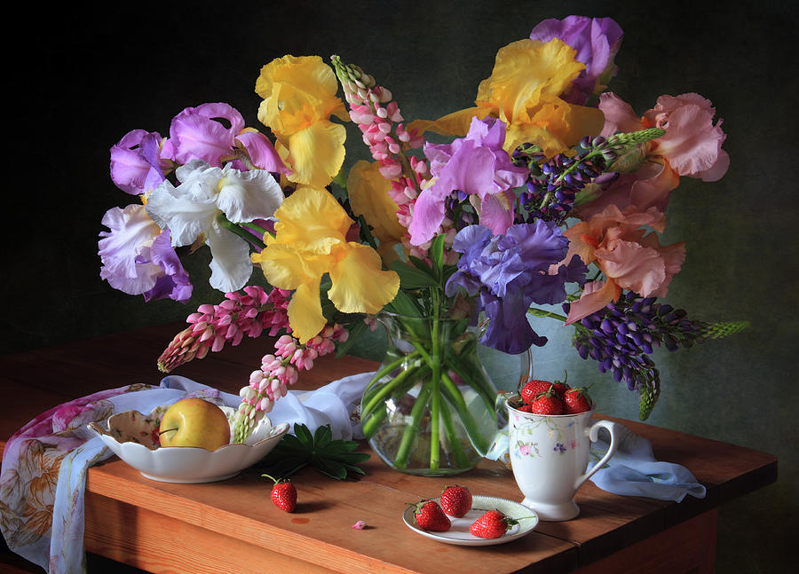 Still Life With A Bouquet Of Irises And Strawberries Photograph by Tatyana Skorokhod (??????? ????????)
