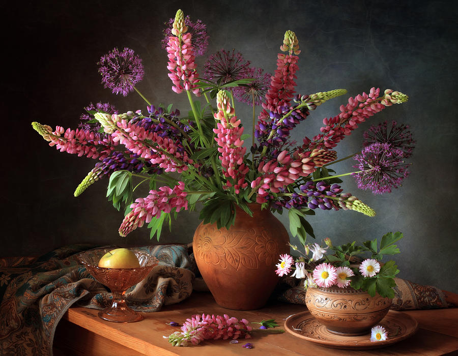 Still-life Photograph - Still Life With A Bouquet Of Lupine by Tatyana Skorokhod (??????? ????????)