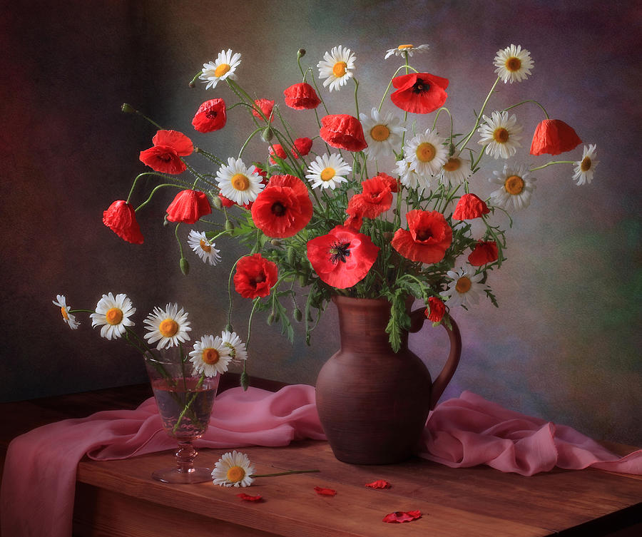 Daisy Photograph - Still Life With A Bouquet Of Poppies And Chamomile by ??????? ????????