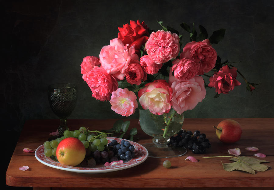 Still Life With A Bouquet Of Roses And Fruits Photograph by Tatyana Skorokhod (??????? ????????)