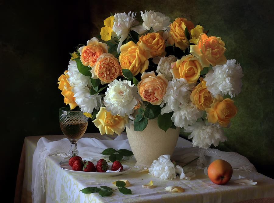 Flower Photograph - Still Life With A Bouquet Of Roses And Peonies by Tatyana Skorokhod (??????? ????????)