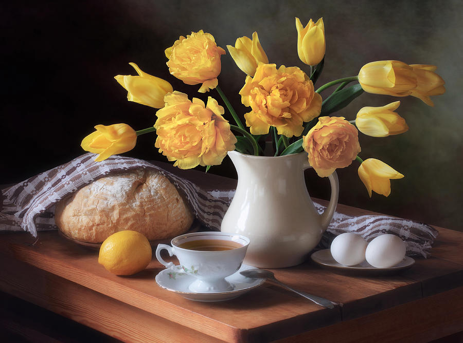 Still Life With A Bouquet Of Yellow Tulips Photograph by Tatyana Skorokhod (??????? ????????)
