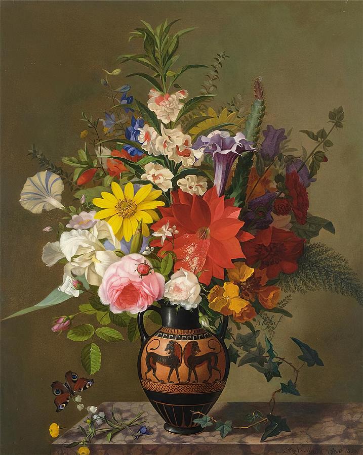 Still Life with a Butterfly and Flowers in a Vase Digital Art by Carl Adolf Senff