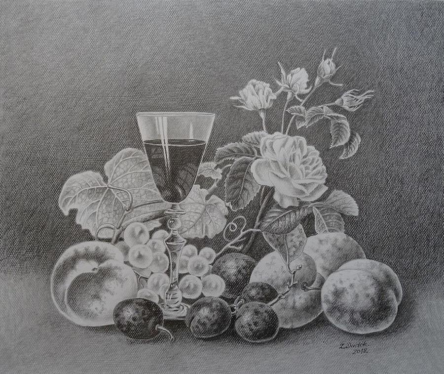 Fruit Drawing - Still life with a glass by Zdzislaw Dudek