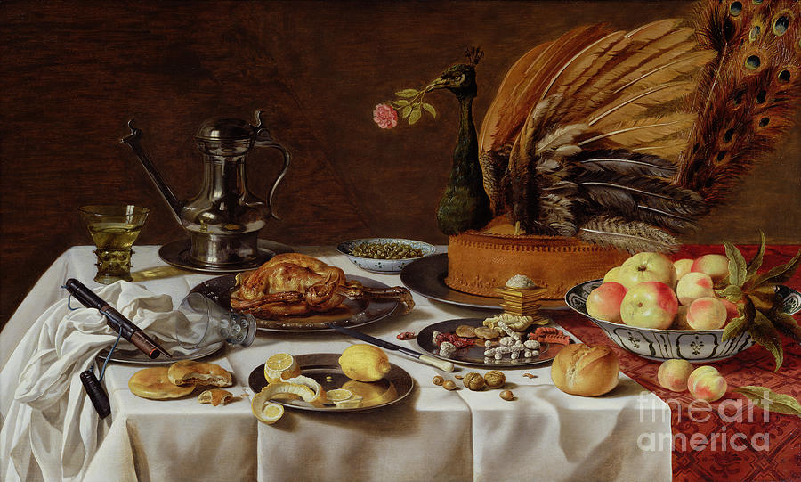 Still Life With A Peacock Pie, 1627 Painting by Pieter Claesz