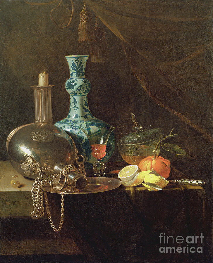 Still Life With A Pilgrim Flask Candlestick Porcelain Vase Glasses And ...