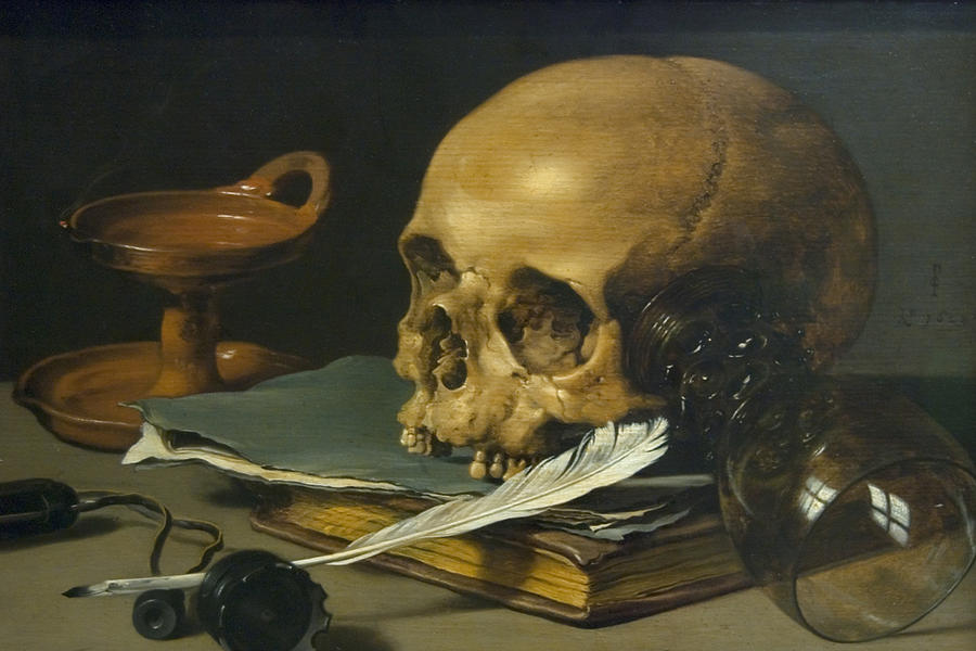 Still Life with a Skull and a Writing Quill, 1628 Painting by Pieter Claesz