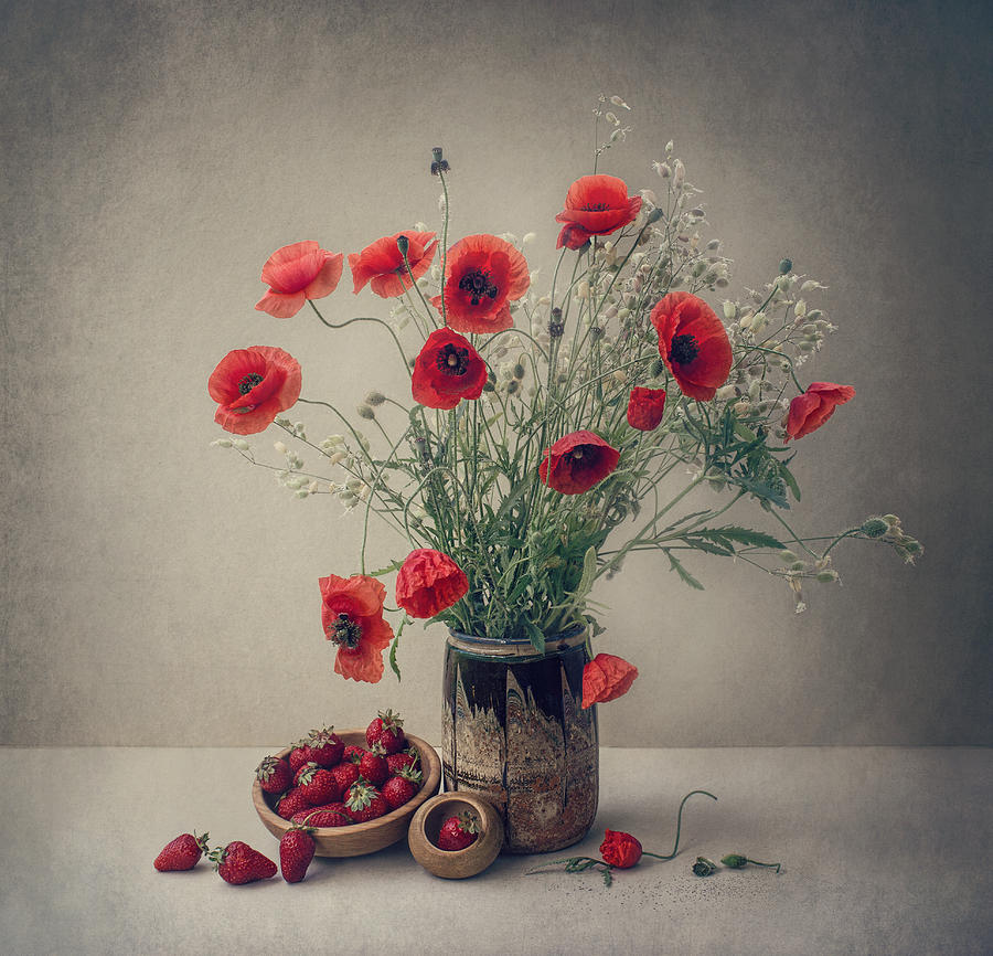Poppy Photograph - Still Life With A Strawberry And Poppies by Dimitar Lazarov - Dim