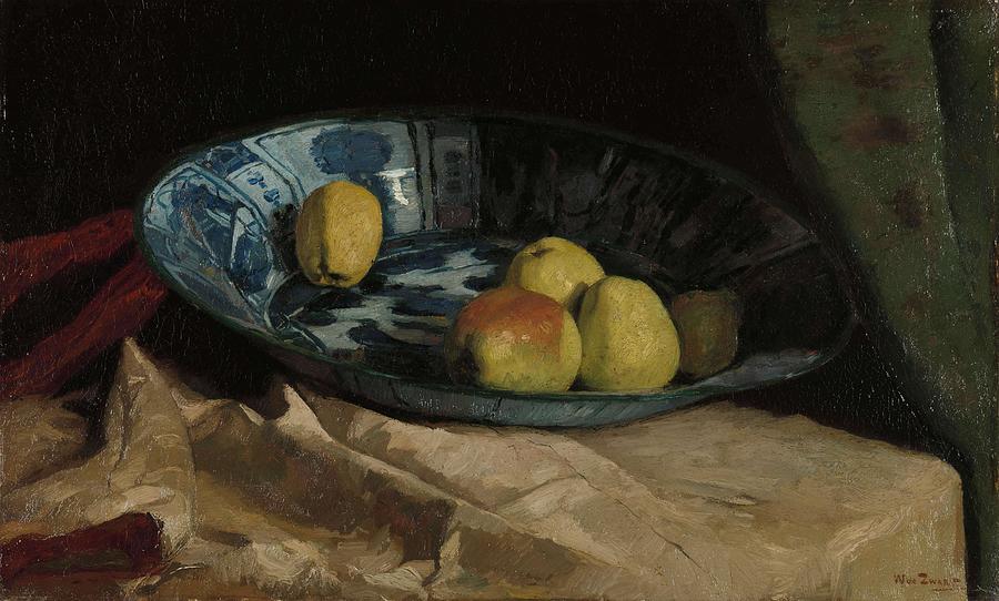 Still Life with Apples in a Delft Blue Bowl. Painting by Willem de Zwart -1862-1931-