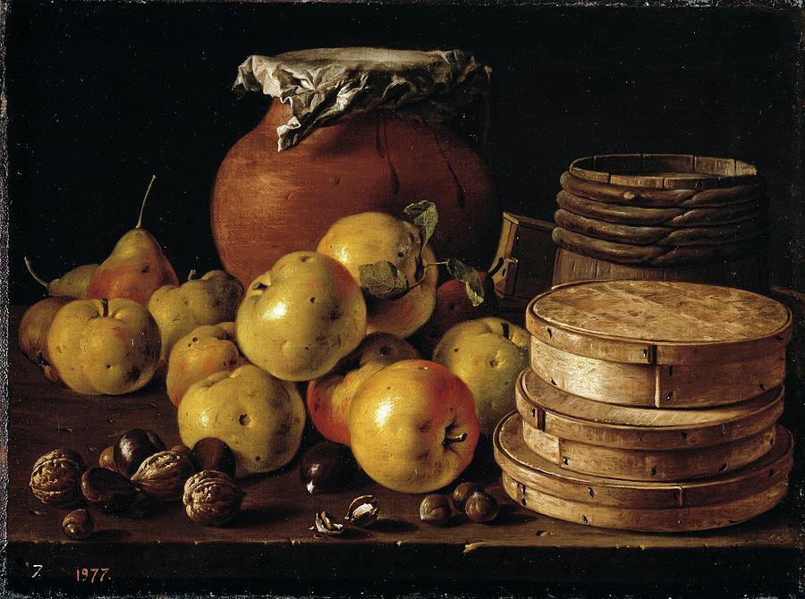 Still Life with Apples, Walnuts, Pot and Boxes of Sweetmeats, 1759, Span... Painting by Luis Melendez -1716-1780-