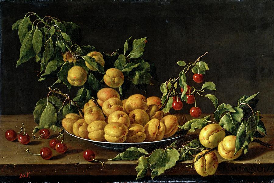 Still Life with Apricots and Cherries, 1773, Spanish School, Oil on canv... Painting by Luis Melendez -1716-1780-