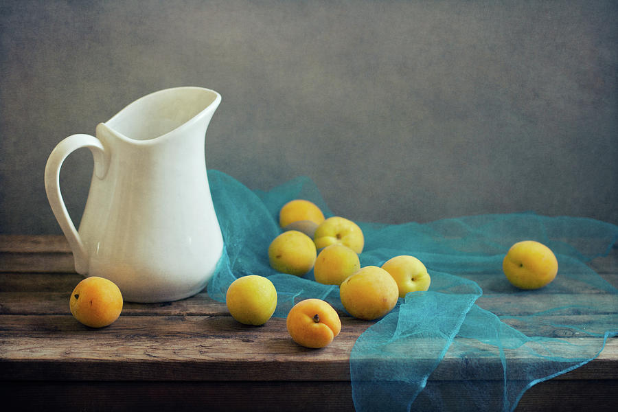 Still Life With Apricots And White Jug Photograph by Copyright Anna Nemoy(xaomena)