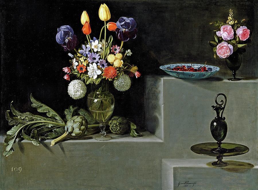 Still life with Artichokes, Flowers and Glass Vessels, 1627, Spanis... Painting by Juan van der Hamen y Leon -1596-1631-