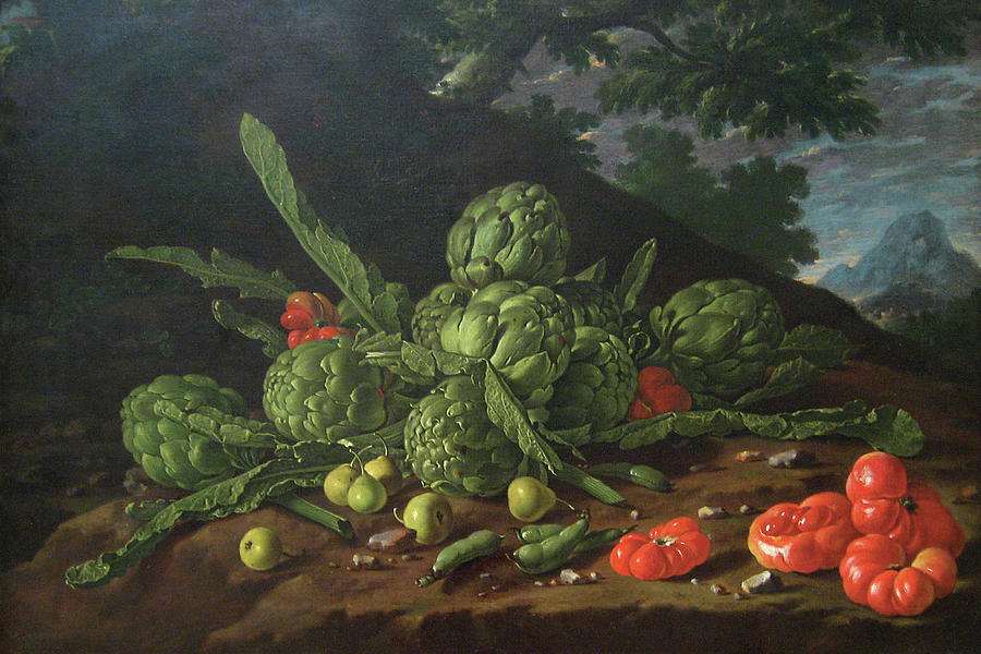 Still Life with Artichokes, Tomatoes in Landscape Painting by Luis Egidio Melndez