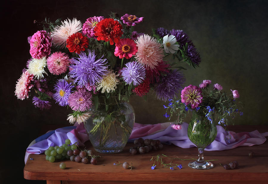 Still Life With Asters And Zinnias Photograph by Tatyana Skorokhod ...