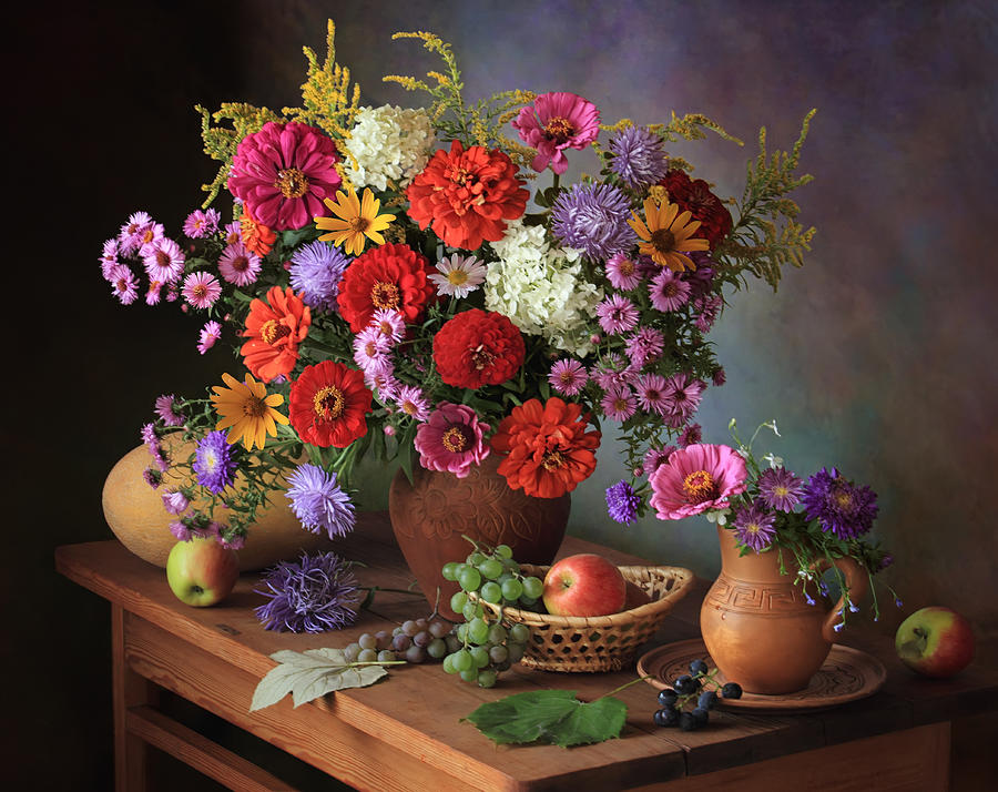 Flower Photograph - Still Life With Autumn Flowers And Fruits by Tatyana Skorokhod (??????? ????????)