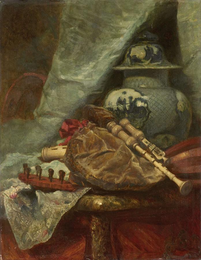 Still Life Painting - Still Life with Bagpipes. by Adolphe Mouilleron -1820-1881-