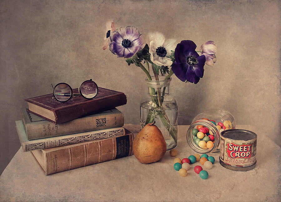 Flower Photograph - Still Life  With Books by Ellen Van Deelen