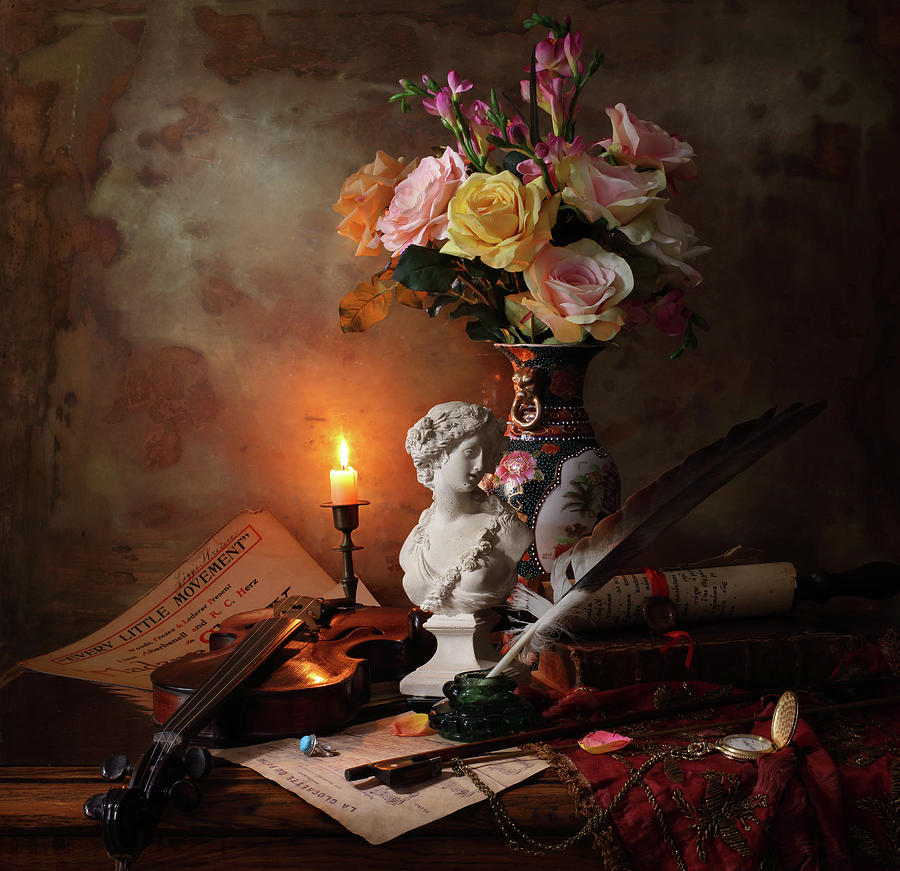 Music Photograph - Still Life With Bust And Flowers by Andrey Morozov